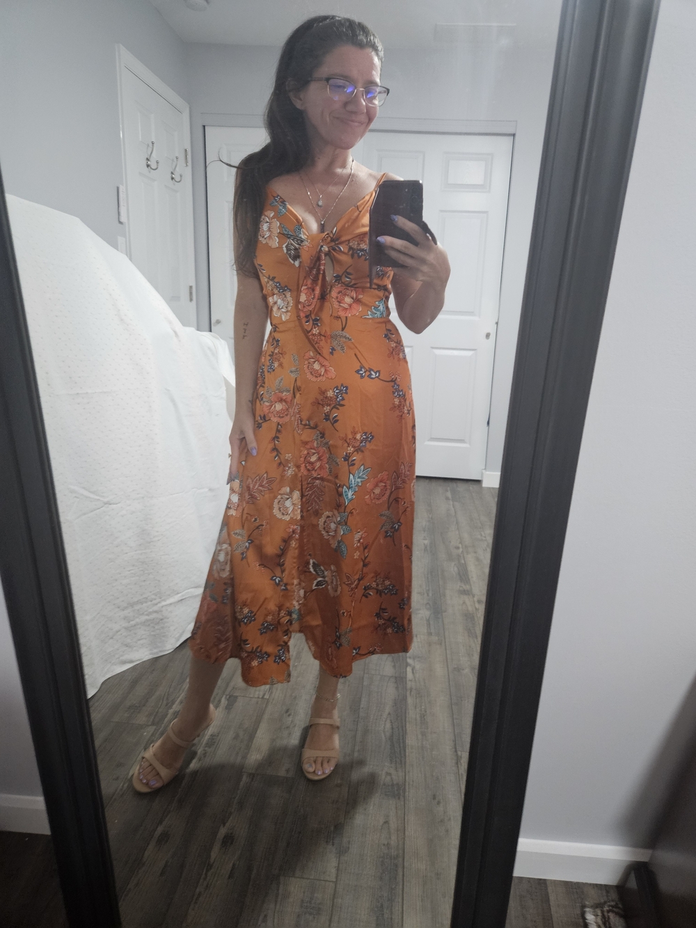 Tie-Front Floral Midi Dress in Rust Orange